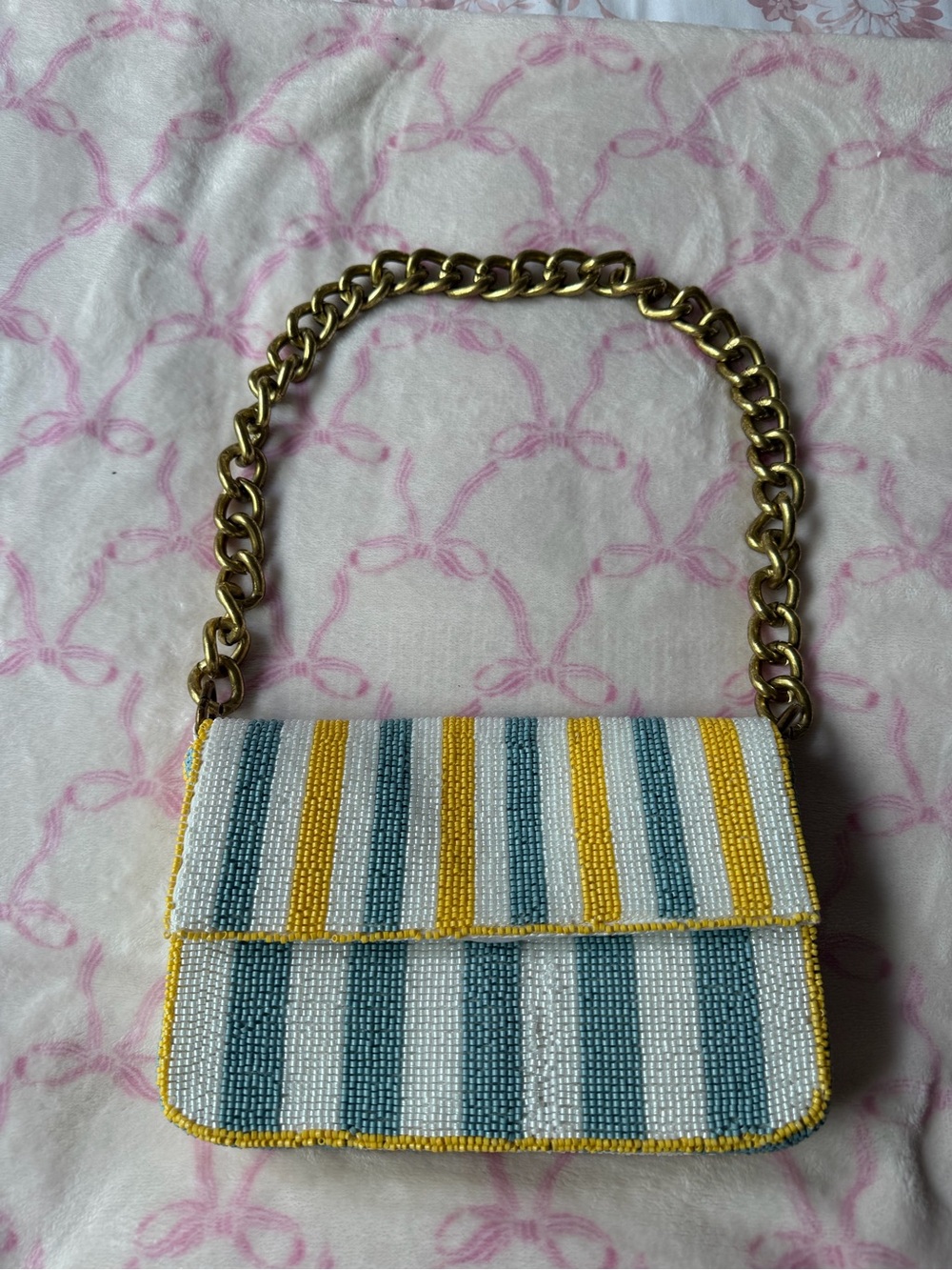 Beaded Stripe Shoulder Bag in White, Teal & Yellow